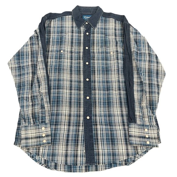 Wrangler Other - VTG Wrangler Blue Plaid Denim lined Pearl Snap Button Up Shirt, Size L